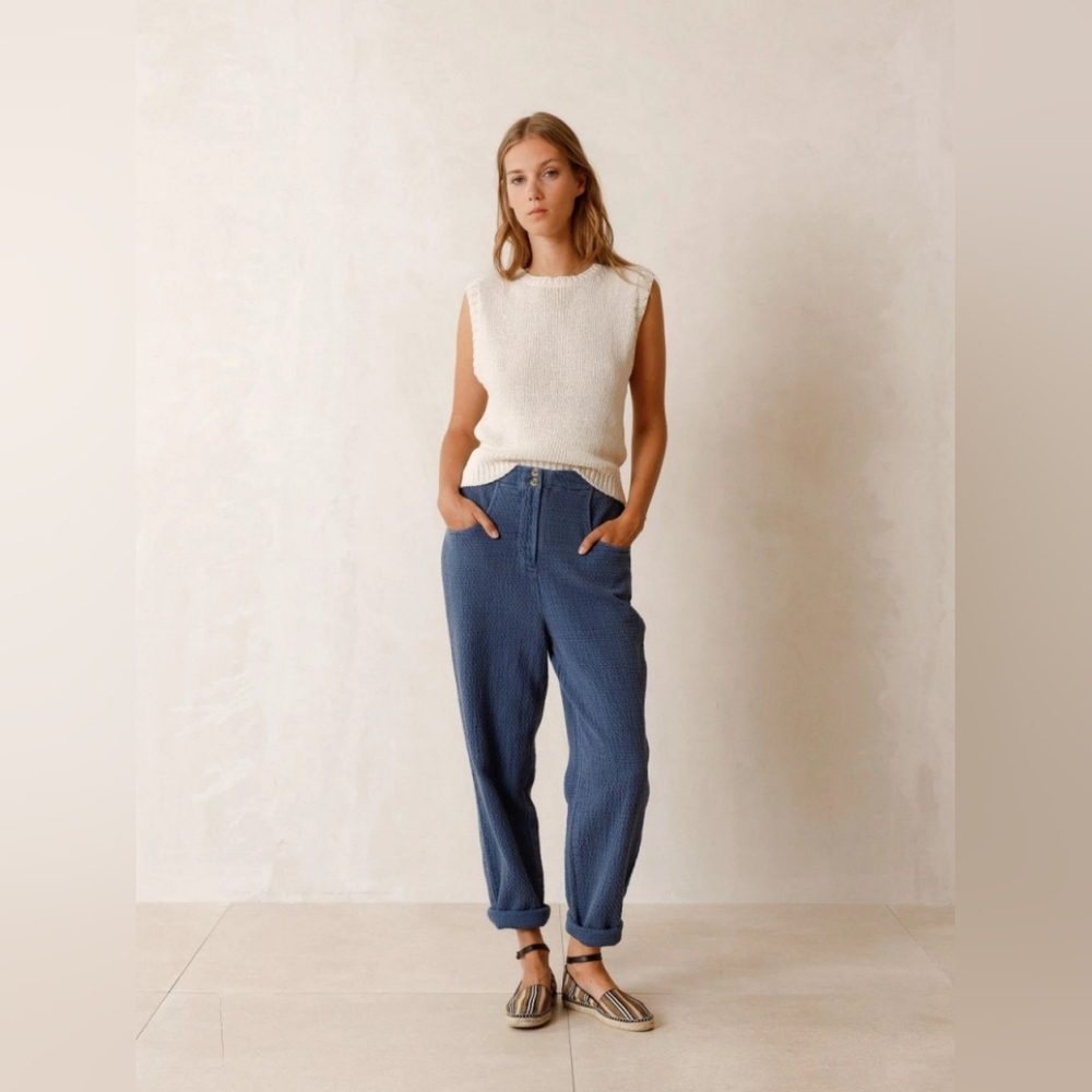 High Waist Relaxed Fit Blue Indigo Textured Pants From Indi & Cold
